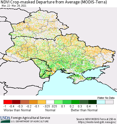 Ukraine, Moldova and Belarus Cropland NDVI Departure from Average (Terra-MODIS) Thematic Map For 3/21/2021 - 3/31/2021