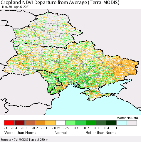 Ukraine, Moldova and Belarus Cropland NDVI Departure from Average (Terra-MODIS) Thematic Map For 3/30/2021 - 4/6/2021