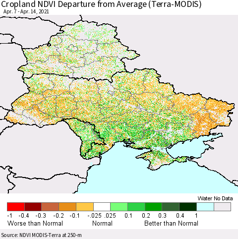Ukraine, Moldova and Belarus Cropland NDVI Departure from Average (Terra-MODIS) Thematic Map For 4/7/2021 - 4/14/2021
