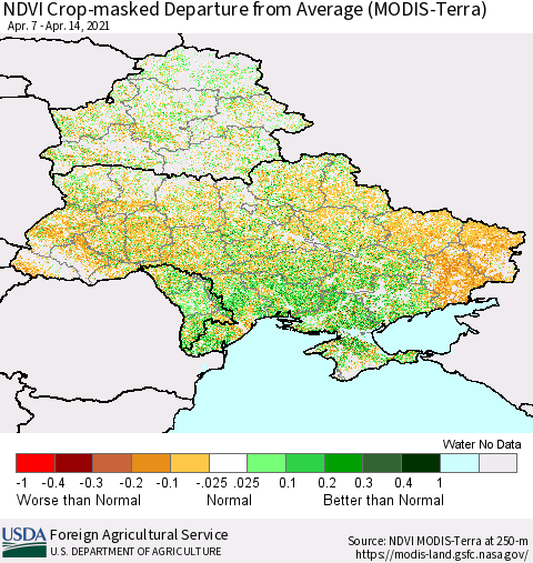Ukraine, Moldova and Belarus Cropland NDVI Departure from Average (Terra-MODIS) Thematic Map For 4/11/2021 - 4/20/2021