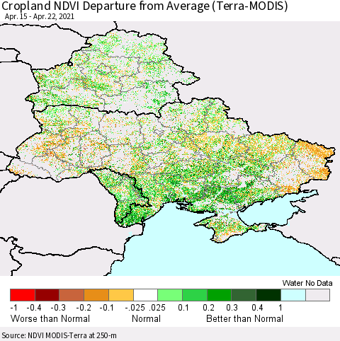 Ukraine, Moldova and Belarus Cropland NDVI Departure from Average (Terra-MODIS) Thematic Map For 4/15/2021 - 4/22/2021