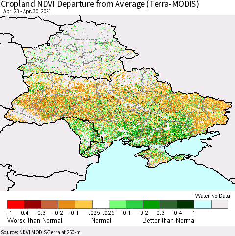 Ukraine, Moldova and Belarus Cropland NDVI Departure from Average (Terra-MODIS) Thematic Map For 4/21/2021 - 4/30/2021
