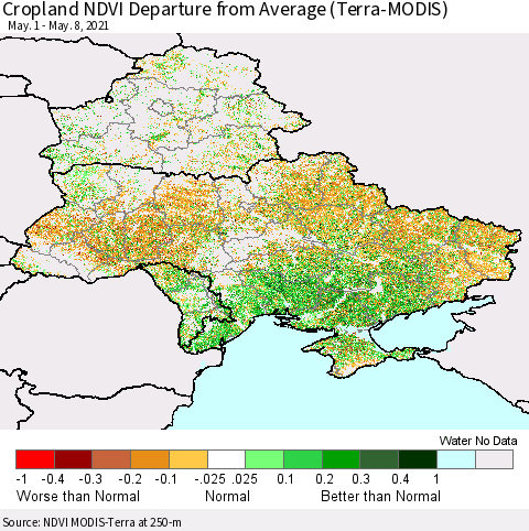 Ukraine, Moldova and Belarus Cropland NDVI Departure from Average (Terra-MODIS) Thematic Map For 5/1/2021 - 5/8/2021
