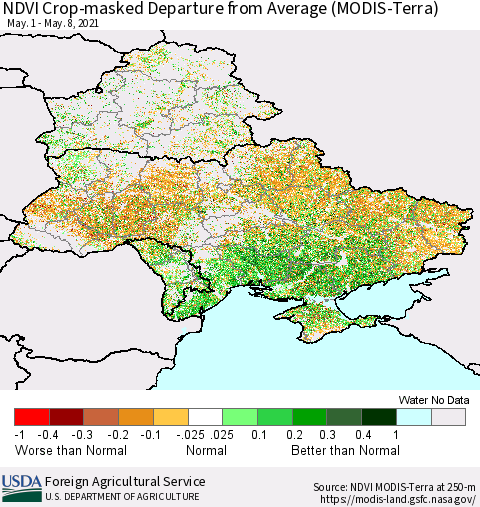 Ukraine, Moldova and Belarus Cropland NDVI Departure from Average (Terra-MODIS) Thematic Map For 5/1/2021 - 5/10/2021