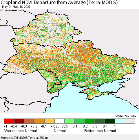 Ukraine, Moldova and Belarus Cropland NDVI Departure from Average (Terra-MODIS) Thematic Map For 5/9/2021 - 5/16/2021