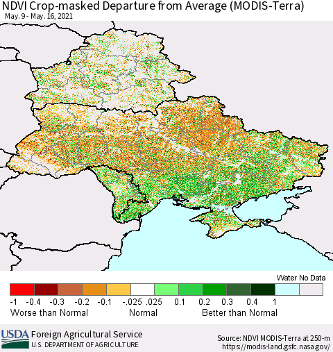 Ukraine, Moldova and Belarus Cropland NDVI Departure from Average (Terra-MODIS) Thematic Map For 5/11/2021 - 5/20/2021