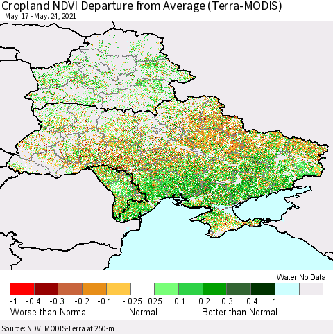 Ukraine, Moldova and Belarus Cropland NDVI Departure from Average (Terra-MODIS) Thematic Map For 5/17/2021 - 5/24/2021