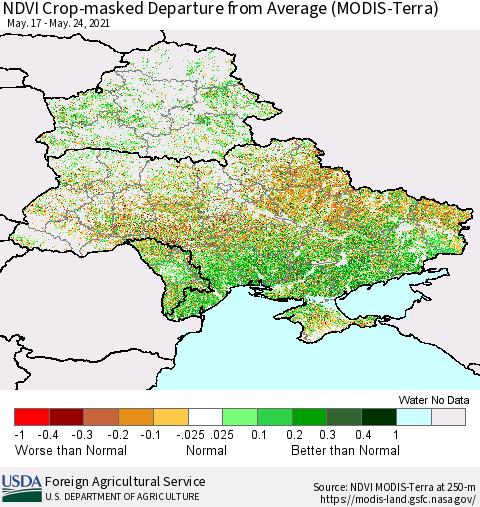 Ukraine, Moldova and Belarus Cropland NDVI Departure from Average (Terra-MODIS) Thematic Map For 5/21/2021 - 5/31/2021