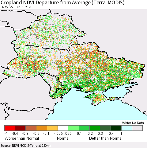Ukraine, Moldova and Belarus Cropland NDVI Departure from Average (Terra-MODIS) Thematic Map For 5/25/2021 - 6/1/2021
