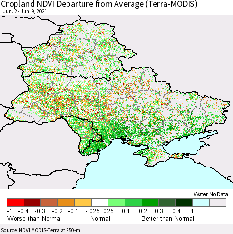 Ukraine, Moldova and Belarus Cropland NDVI Departure from Average (Terra-MODIS) Thematic Map For 6/2/2021 - 6/9/2021