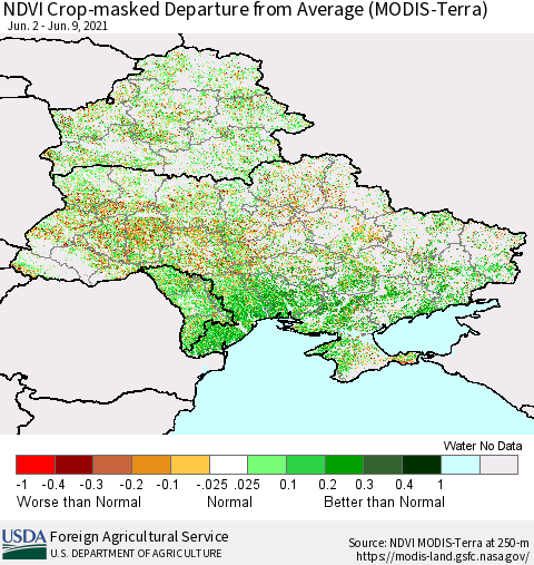 Ukraine, Moldova and Belarus Cropland NDVI Departure from Average (Terra-MODIS) Thematic Map For 6/1/2021 - 6/10/2021