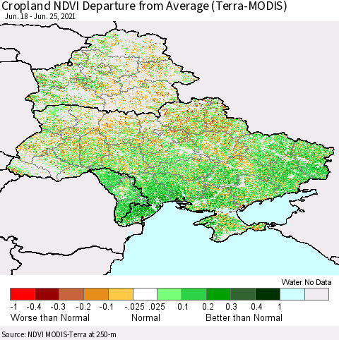 Ukraine, Moldova and Belarus Cropland NDVI Departure from Average (Terra-MODIS) Thematic Map For 6/18/2021 - 6/25/2021
