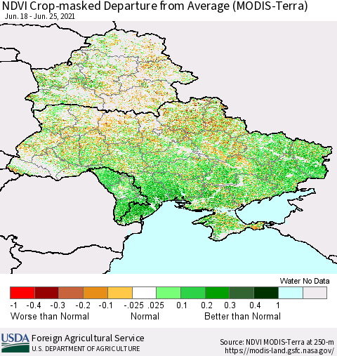 Ukraine, Moldova and Belarus Cropland NDVI Departure from Average (Terra-MODIS) Thematic Map For 6/21/2021 - 6/30/2021