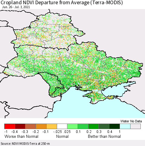 Ukraine, Moldova and Belarus Cropland NDVI Departure from Average (Terra-MODIS) Thematic Map For 6/26/2021 - 7/3/2021