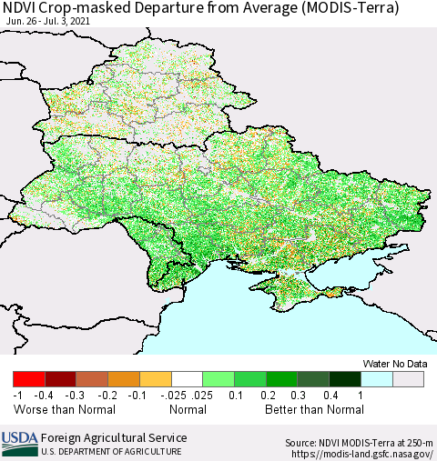 Ukraine, Moldova and Belarus Cropland NDVI Departure from Average (Terra-MODIS) Thematic Map For 7/1/2021 - 7/10/2021