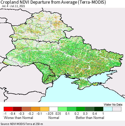 Ukraine, Moldova and Belarus Cropland NDVI Departure from Average (Terra-MODIS) Thematic Map For 7/4/2021 - 7/11/2021