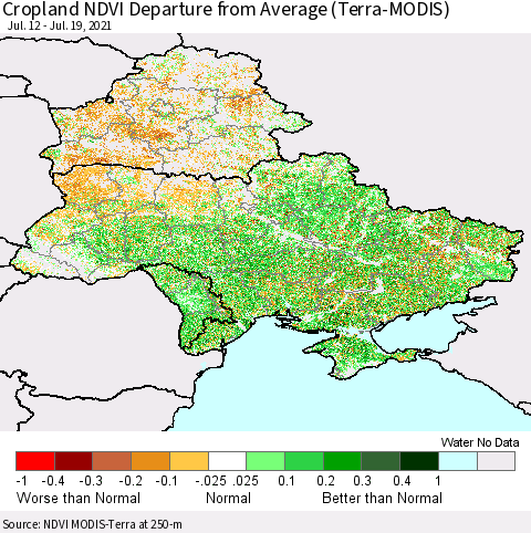 Ukraine, Moldova and Belarus Cropland NDVI Departure from Average (Terra-MODIS) Thematic Map For 7/12/2021 - 7/19/2021
