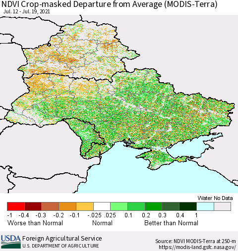 Ukraine, Moldova and Belarus Cropland NDVI Departure from Average (Terra-MODIS) Thematic Map For 7/11/2021 - 7/20/2021