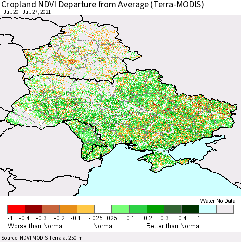 Ukraine, Moldova and Belarus Cropland NDVI Departure from Average (Terra-MODIS) Thematic Map For 7/20/2021 - 7/27/2021