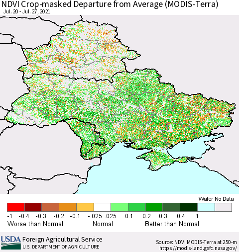 Ukraine, Moldova and Belarus Cropland NDVI Departure from Average (Terra-MODIS) Thematic Map For 7/21/2021 - 7/31/2021