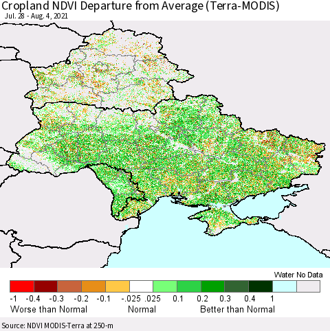 Ukraine, Moldova and Belarus Cropland NDVI Departure from Average (Terra-MODIS) Thematic Map For 7/28/2021 - 8/4/2021