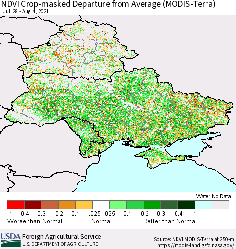 Ukraine, Moldova and Belarus Cropland NDVI Departure from Average (Terra-MODIS) Thematic Map For 8/1/2021 - 8/10/2021