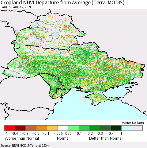 Ukraine, Moldova and Belarus Cropland NDVI Departure from Average (Terra-MODIS) Thematic Map For 8/5/2021 - 8/12/2021