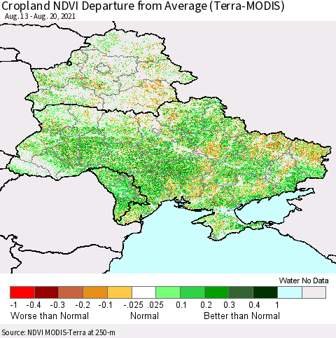 Ukraine, Moldova and Belarus Cropland NDVI Departure from Average (Terra-MODIS) Thematic Map For 8/11/2021 - 8/20/2021