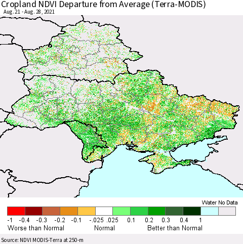 Ukraine, Moldova and Belarus Cropland NDVI Departure from Average (Terra-MODIS) Thematic Map For 8/21/2021 - 8/28/2021