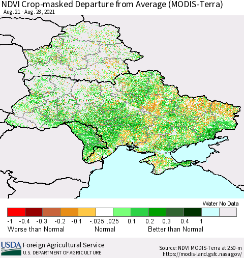 Ukraine, Moldova and Belarus Cropland NDVI Departure from Average (Terra-MODIS) Thematic Map For 8/21/2021 - 8/31/2021