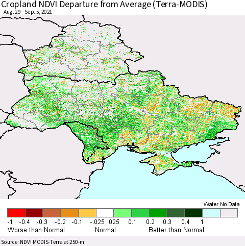 Ukraine, Moldova and Belarus Cropland NDVI Departure from Average (Terra-MODIS) Thematic Map For 8/29/2021 - 9/5/2021