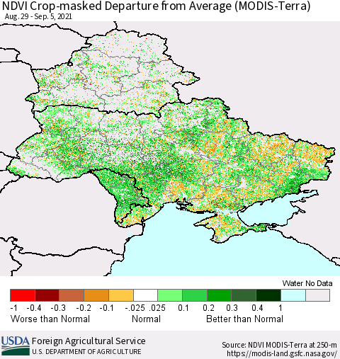 Ukraine, Moldova and Belarus Cropland NDVI Departure from Average (Terra-MODIS) Thematic Map For 9/1/2021 - 9/10/2021