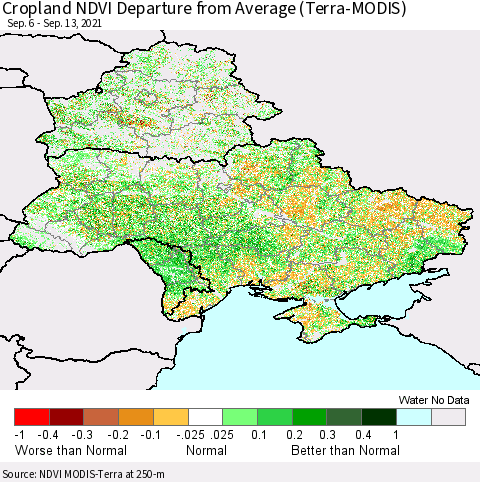 Ukraine, Moldova and Belarus Cropland NDVI Departure from Average (Terra-MODIS) Thematic Map For 9/6/2021 - 9/13/2021