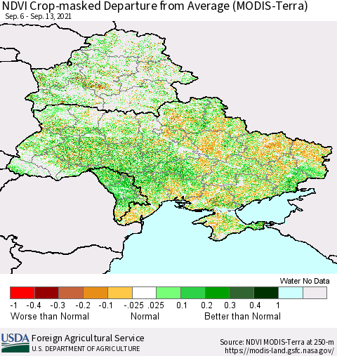 Ukraine, Moldova and Belarus Cropland NDVI Departure from Average (Terra-MODIS) Thematic Map For 9/11/2021 - 9/20/2021