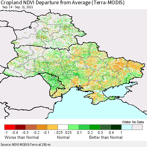 Ukraine, Moldova and Belarus Cropland NDVI Departure from Average (Terra-MODIS) Thematic Map For 9/14/2021 - 9/21/2021