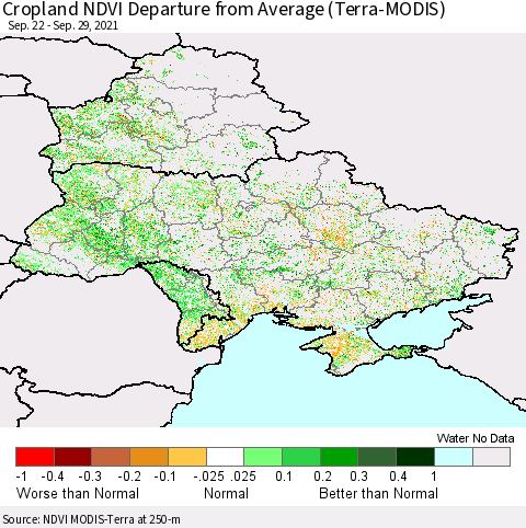Ukraine, Moldova and Belarus Cropland NDVI Departure from Average (Terra-MODIS) Thematic Map For 9/22/2021 - 9/29/2021