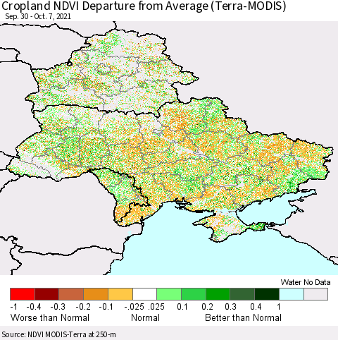 Ukraine, Moldova and Belarus Cropland NDVI Departure from Average (Terra-MODIS) Thematic Map For 9/30/2021 - 10/7/2021
