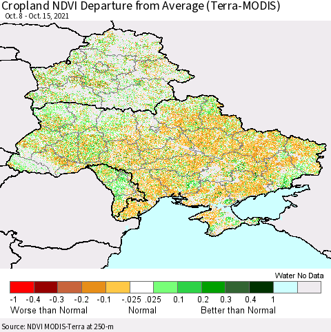 Ukraine, Moldova and Belarus Cropland NDVI Departure from Average (Terra-MODIS) Thematic Map For 10/8/2021 - 10/15/2021
