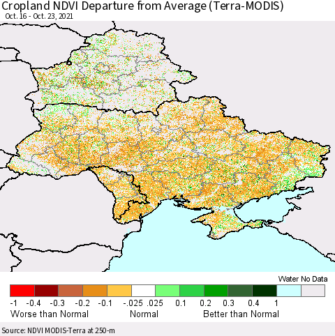 Ukraine, Moldova and Belarus Cropland NDVI Departure from Average (Terra-MODIS) Thematic Map For 10/16/2021 - 10/23/2021
