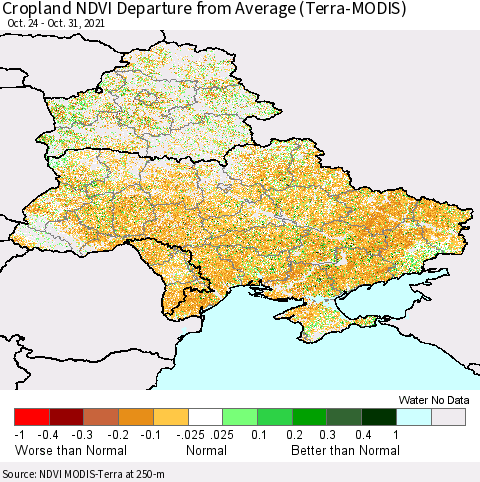 Ukraine, Moldova and Belarus Cropland NDVI Departure from Average (Terra-MODIS) Thematic Map For 10/21/2021 - 10/31/2021