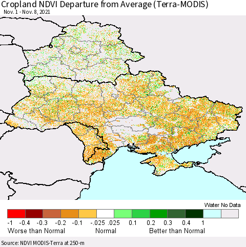 Ukraine, Moldova and Belarus Cropland NDVI Departure from Average (Terra-MODIS) Thematic Map For 11/1/2021 - 11/8/2021