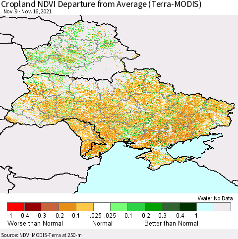 Ukraine, Moldova and Belarus Cropland NDVI Departure from Average (Terra-MODIS) Thematic Map For 11/9/2021 - 11/16/2021