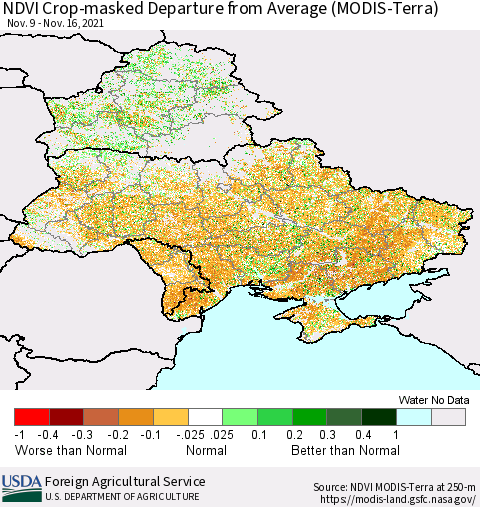 Ukraine, Moldova and Belarus Cropland NDVI Departure from Average (Terra-MODIS) Thematic Map For 11/11/2021 - 11/20/2021