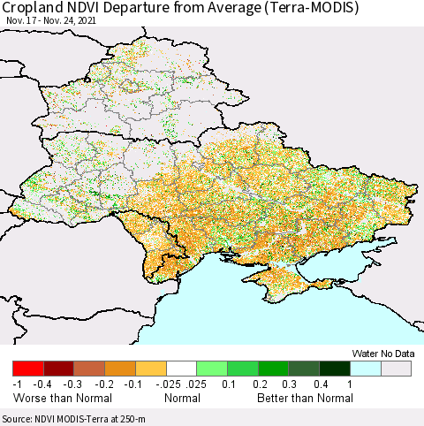 Ukraine, Moldova and Belarus Cropland NDVI Departure from Average (Terra-MODIS) Thematic Map For 11/17/2021 - 11/24/2021