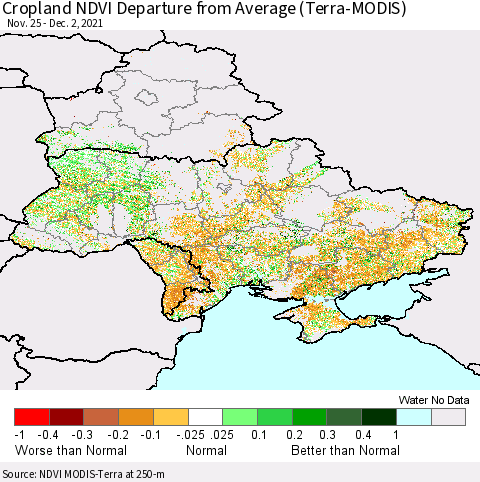 Ukraine, Moldova and Belarus Cropland NDVI Departure from Average (Terra-MODIS) Thematic Map For 11/25/2021 - 12/2/2021