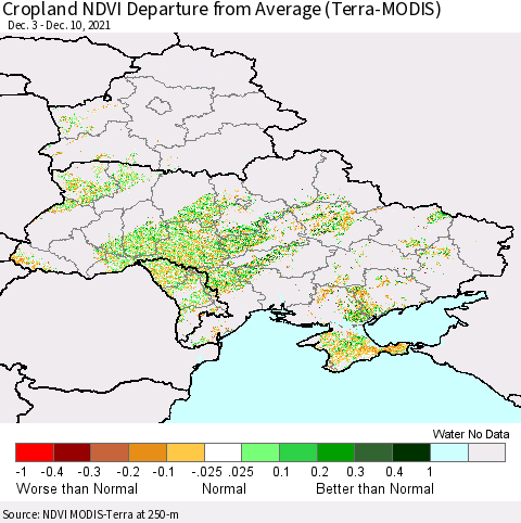 Ukraine, Moldova and Belarus Cropland NDVI Departure from Average (Terra-MODIS) Thematic Map For 12/1/2021 - 12/10/2021