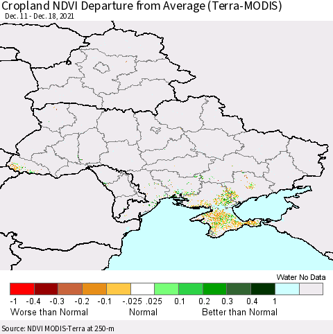 Ukraine, Moldova and Belarus Cropland NDVI Departure from Average (Terra-MODIS) Thematic Map For 12/11/2021 - 12/18/2021