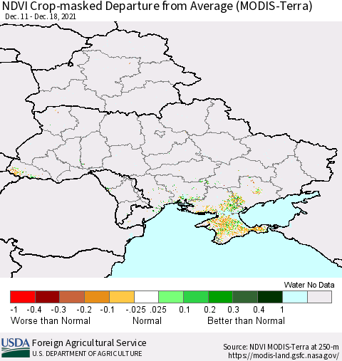 Ukraine, Moldova and Belarus Cropland NDVI Departure from Average (Terra-MODIS) Thematic Map For 12/11/2021 - 12/20/2021