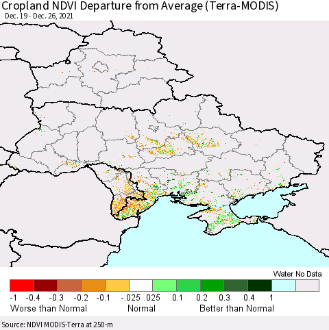 Ukraine, Moldova and Belarus Cropland NDVI Departure from Average (Terra-MODIS) Thematic Map For 12/19/2021 - 12/26/2021