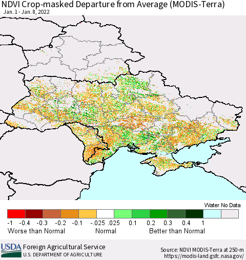 Ukraine, Moldova and Belarus Cropland NDVI Departure from Average (Terra-MODIS) Thematic Map For 1/1/2022 - 1/10/2022